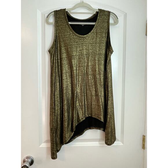 Eileen Fisher Metallic Gold Asymmetric Sleeveless Organic Linen Blouse Medium - Picture 3 of 8